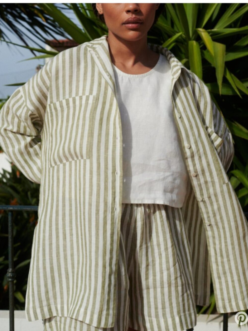 Linenfox Vika Linen Shirt And Pants- Olive Stripes-Size S-M